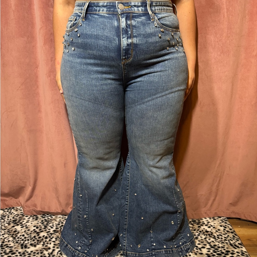High-Waist Flare Jeans with Stud Detail - Blue